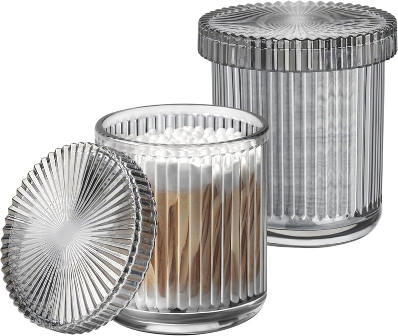 MKOSAB 2 Pack Qtip Holder - Apothecary Jars with Lids, Bathroom Organizers and Storage Canister for Cotton Balls,Swabs,Floss Picks,Hair Ties,Clear Glass Vintage Bathroom Decor Jar Set (Gray) - Image 1